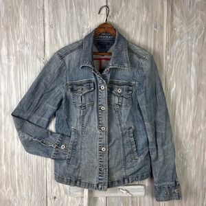 Tommy Hilfiger Denim Jacket Womens L Lightweight Button Pockets Trucker Stretch